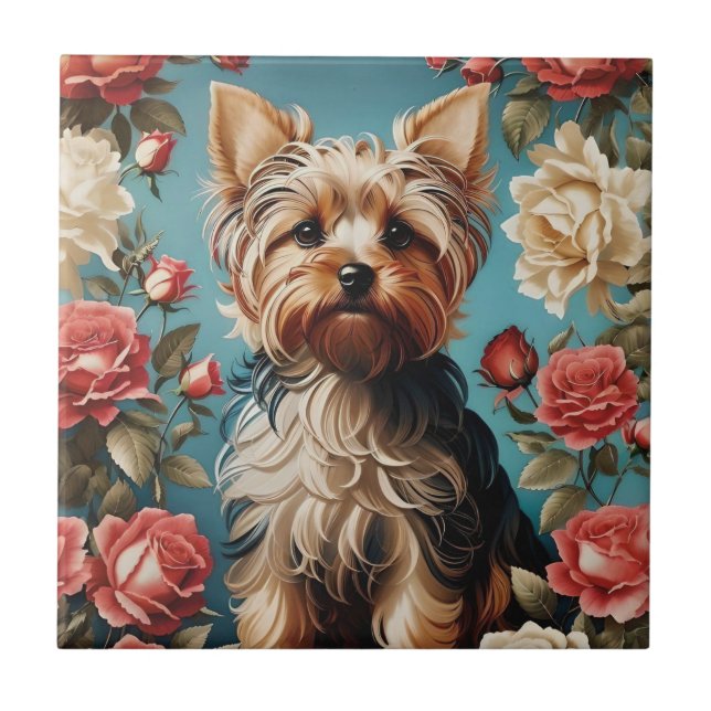 Elegant Yorkshire Terrier Portrait Rose Garden Ceramic Tile (Front)