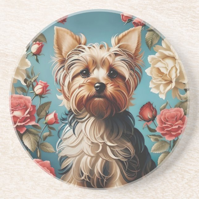 Elegant Yorkshire Terrier Portrait Rose Garden Coaster (Front)