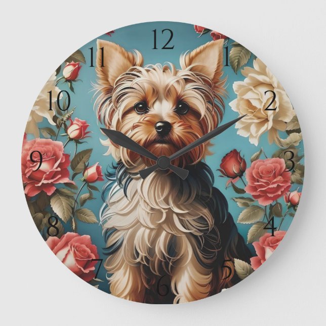 Elegant Yorkshire Terrier Portrait Rose Garden Large Clock (Front)