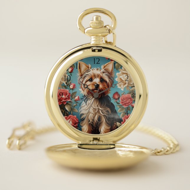 Elegant Yorkshire Terrier Portrait Rose Garden Pocket Watch (Inside)