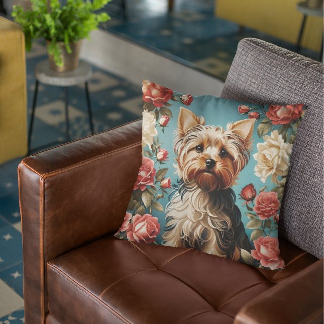 Elegant Yorkshire Terrier Portrait Rose Garden Throw Pillow (Creator Uploaded)