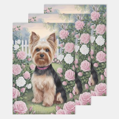 Elegant Yorkshire Terrier Rose Garden Decoupage Wrapping Paper Sheets