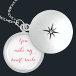 Elegant You Make My Heart Smile Love Wedding Bride Locket Necklace<br><div class="desc">"You make my heart smile" A lovely, elegant script typography calligraphy font, chic, romantic silver plated round locket necklace. A beautiful necklace to say "I Love You" for lovebirds, girlfriend, boyfriend, bride, groom, newly weds, wife, husband, life partner, couples, your loved one, for him, for her. A lovely necklace for...</div>