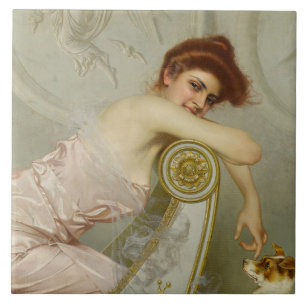Elegant Young Lady Stroking Her Puppy Dog Ceramic Tile