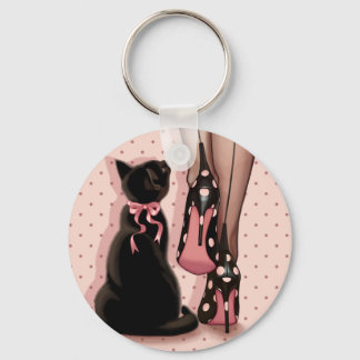 Elegant young woman and black cat keychain
