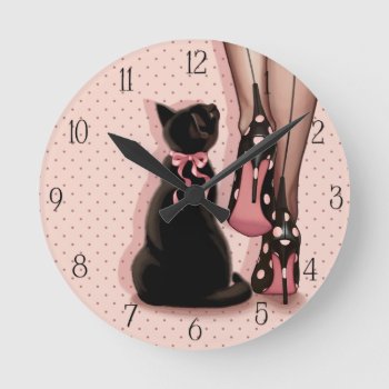 Elegant Young Woman And Black Cat Round Clock by MarylineCazenave at Zazzle
