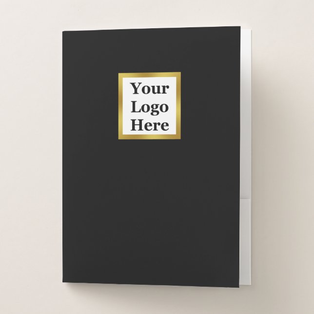 Elegant Your Logo Here Black and Faux Gold Pocket Folder (Front)