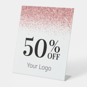 Elegant Your Logo Pink Glitter 50% Off Business Pedestal Sign