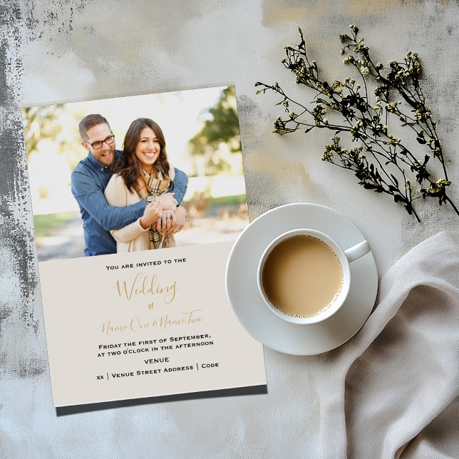 Elegant your romantic photo wedding invitation (Wedding invitation photo card with gold and black text on a light background)