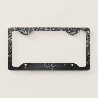 Elegant Your Text Glitter Black License Plate Frame