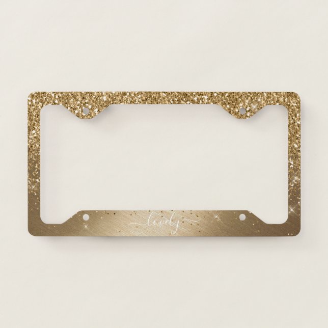 Elegant Your Text Glitter Gold License Plate Frame (Front)