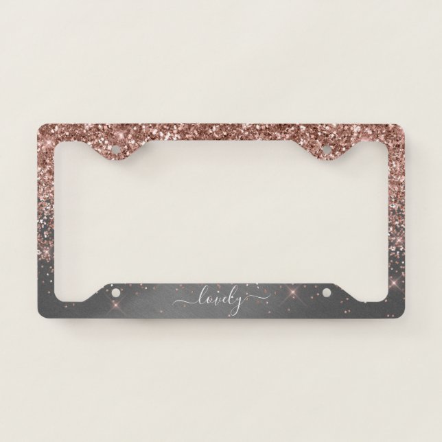 Elegant Your Text Glitter Rose Gold Dark Combo License Plate Frame (Front)