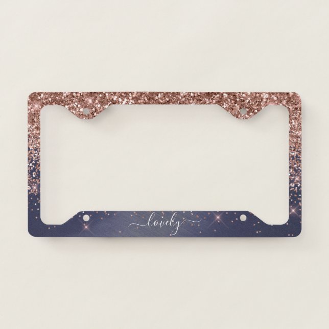 Elegant Your Text Glitter Rose Gold Navy License Plate Frame (Front)