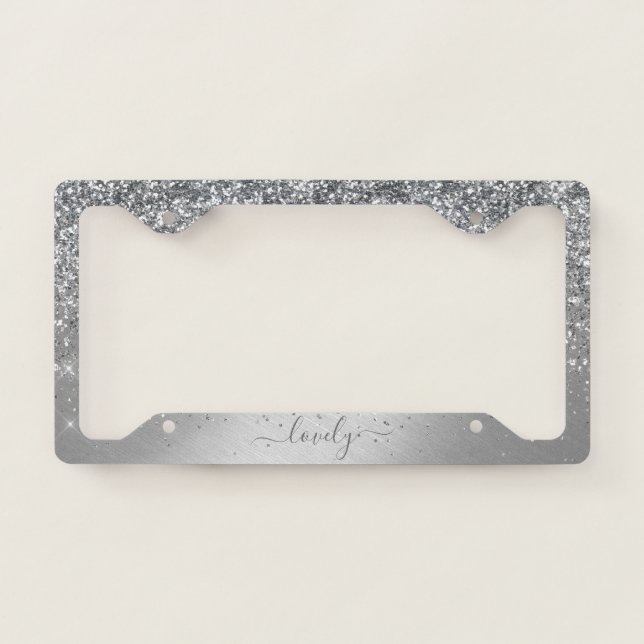 Elegant Your Text Glitter Silver License Plate Frame (Front)