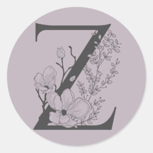Elegant Z Boho Floral Monogram Initial Lilac Gray Classic Round Sticker