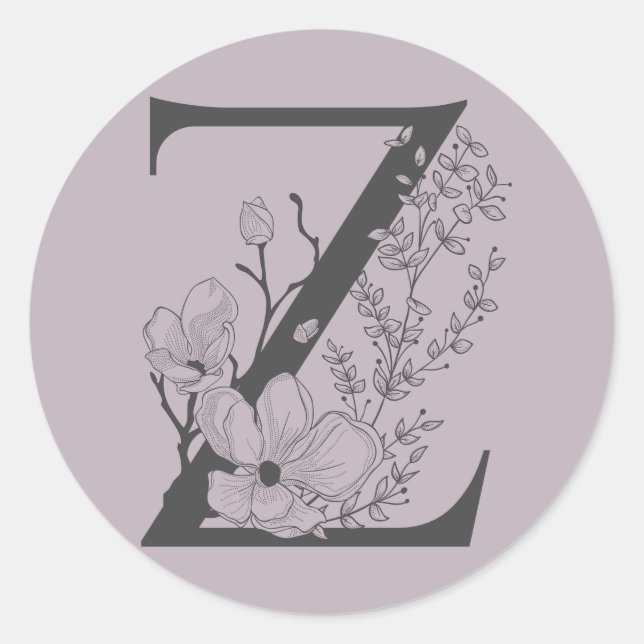 Elegant Z Boho Floral Monogram Initial Lilac Gray Classic Round Sticker (Front)