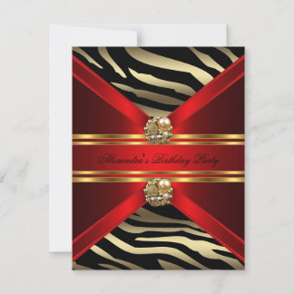 Elegant Zebra Animal Regal Red Gold Black Birthday Invitation