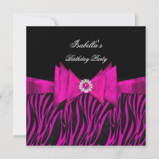 Elegant Zebra Birthday Party Hot Pink Black Invitation
