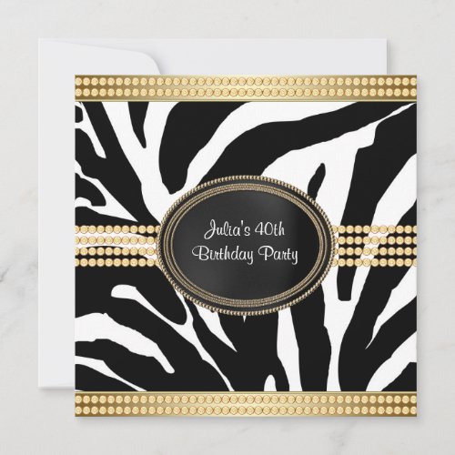Womans Black Gold Zebra Birthday Party Invitations