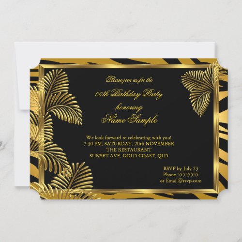 Elegant Zebra Black Gold Golden Palm Party Invitation