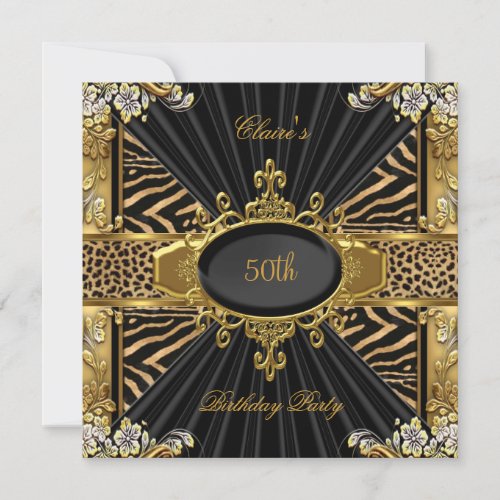Elegant Zebra Gold Leopard 50th Birthday Party Invitation