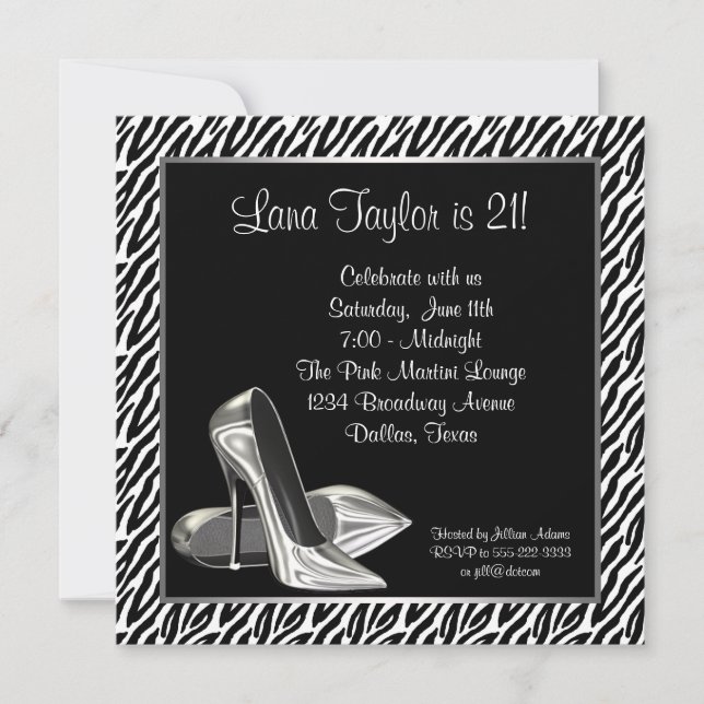 Elegant Zebra High Heel Birthday Party Invitation (Front)