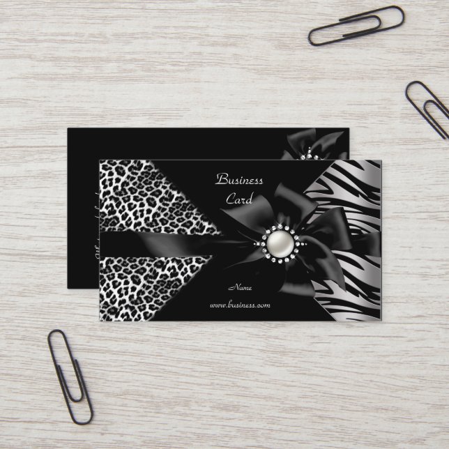 Elegant Zebra Leopard Black Diamond look Business Card (Front/Back In Situ)