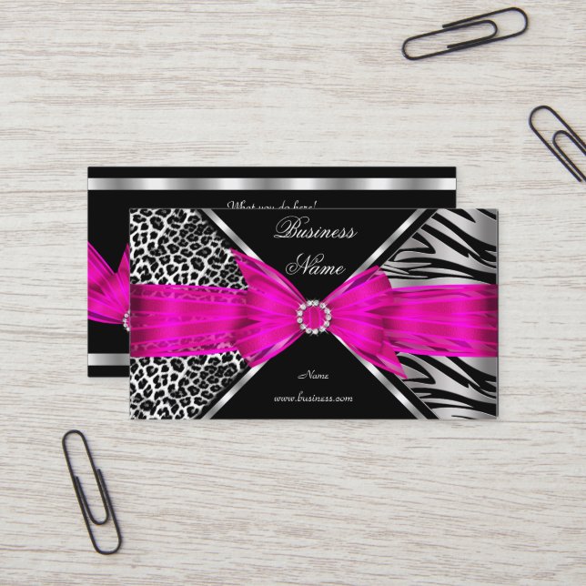 Elegant Zebra Leopard Black Hot pink 2 Business Card (Front/Back In Situ)