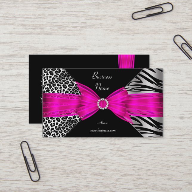 Elegant Zebra Leopard Black Hot pink Business Card (Front/Back In Situ)