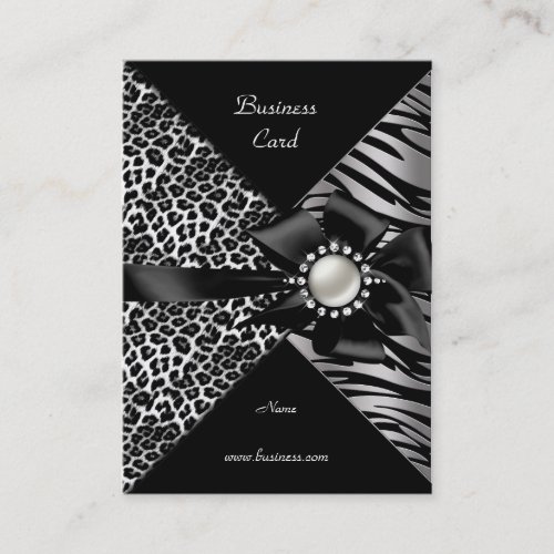 Elegant Zebra Leopard Black Silver Bow Diamond Business Card