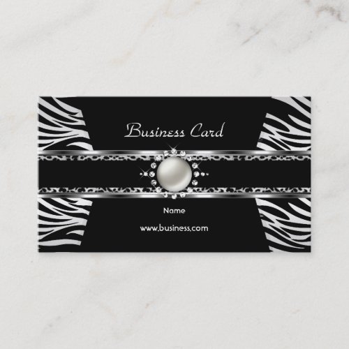 Elegant Zebra Leopard Black Silver Diamond Pearl Business Card