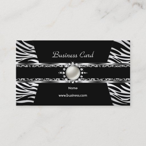 Customizable Elegant Zebra Leopard Black Silver Diamond Pearl Business Card Template