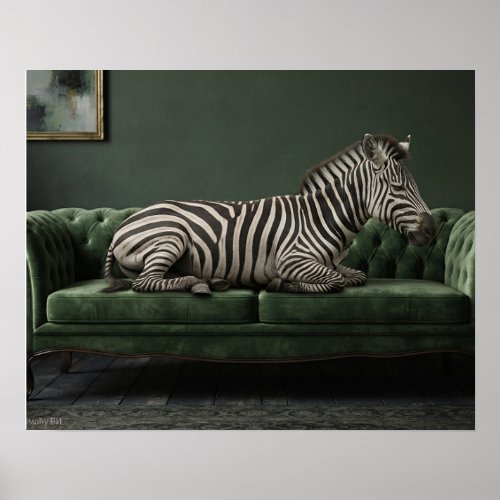 Elegant Zebra on Green Velvet Sofa Poster