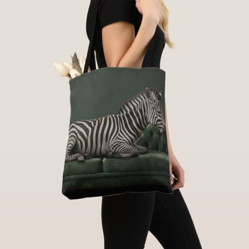 Elegant Zebra on Green Velvet Sofa Tote Bag