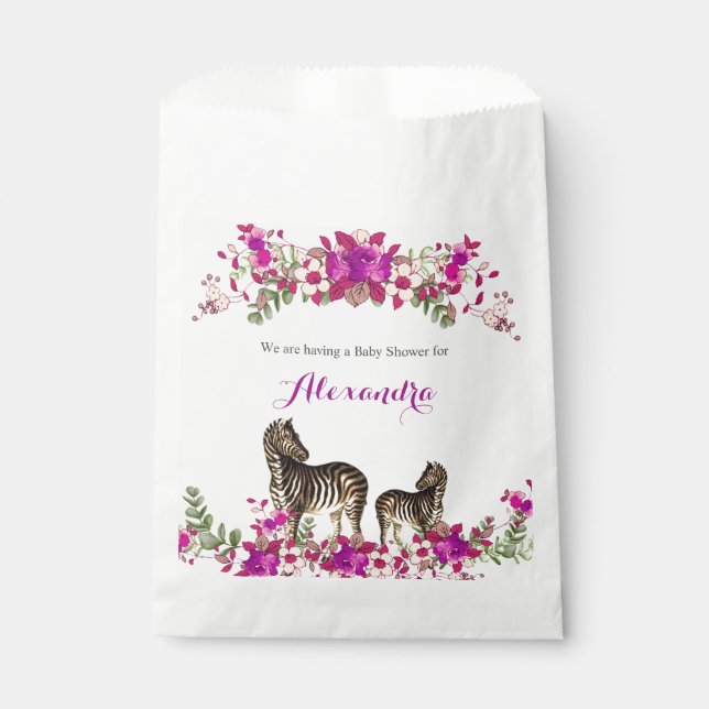 Elegant Zebra Pink Floral Baby Shower Party Favor Bag (Front)
