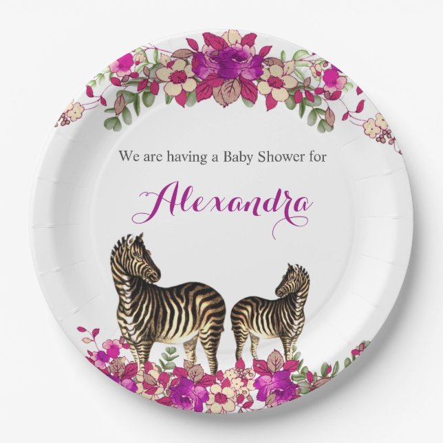 Elegant Zebra Pink Floral Baby Shower Party Paper Plates (Front)