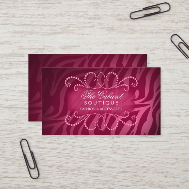 Elegant Zebra Print and Jewel Swirl Business Card (Front/Back In Situ)
