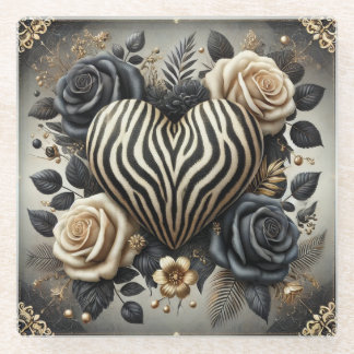 Elegant Zebra Print Heart & Roses Glass Coaster