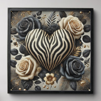 Elegant Zebra Print Heart & Roses Peel And Stick Photo Tile