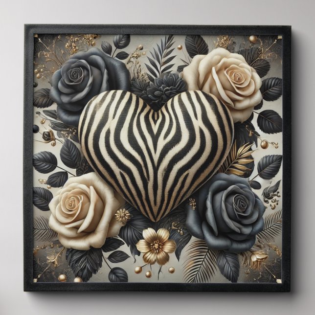 Elegant Zebra Print Heart & Roses Peel And Stick Photo Tile (Front Set)