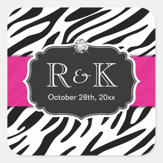 Elegant Zebra Print Hot Pink Wedding Initials Date Square Sticker