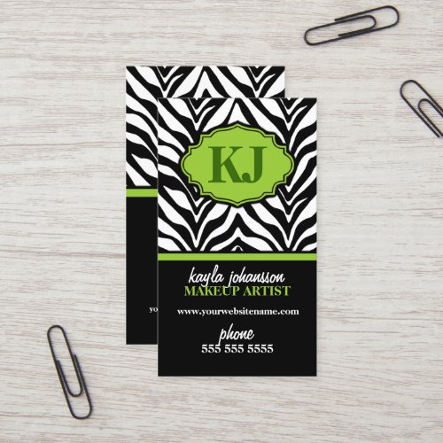 Elegant Zebra Print Monogram Business Cards