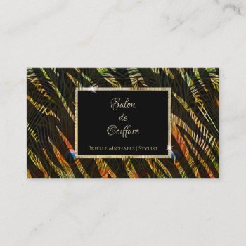 Elegant Zebra Print Peacock Feathers Hair Salon Business Card by GirlyBusinessCards at Zazzle