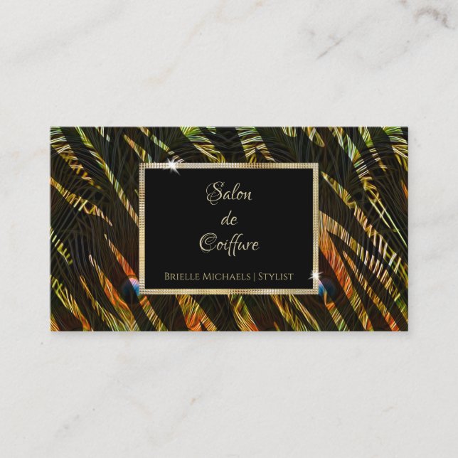 Elegant Zebra Print Peacock Feathers Hair Salon Business Card (Front)