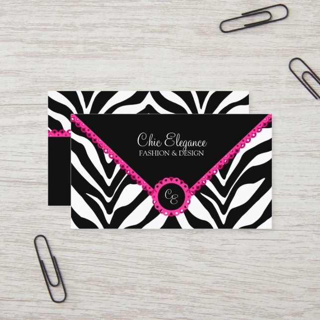 Elegant Zebra Print & Pink Lace Business Card (Front/Back In Situ)