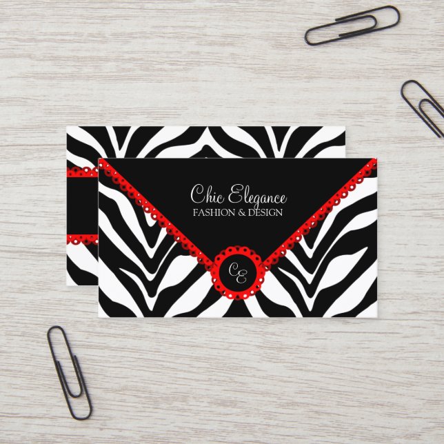Elegant Zebra Print & Red Lace Business Card (Front/Back In Situ)