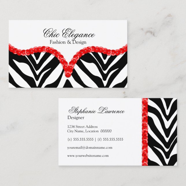 Elegant Zebra Print & Sequins Look Business Card (Front/Back)