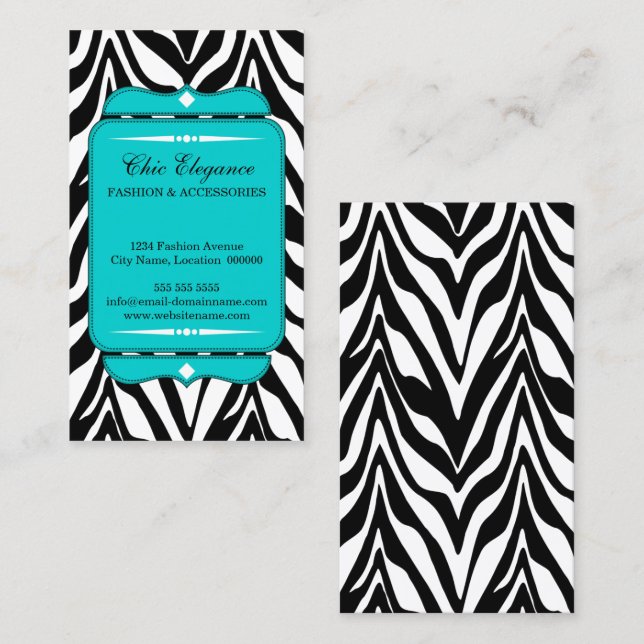 Elegant Zebra Print Turquoise Business Card (Front/Back)