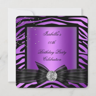 Elegant Zebra Purple Diamond Bow Birthday Party Invitation