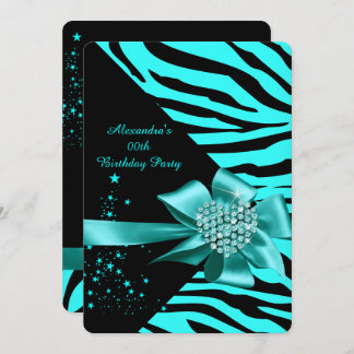 Elegant Zebra Teal Silver Heart Jewel Birthday Invitation